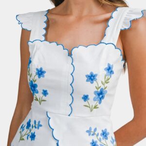 Vera Embroidered Scallop Top in Blue
